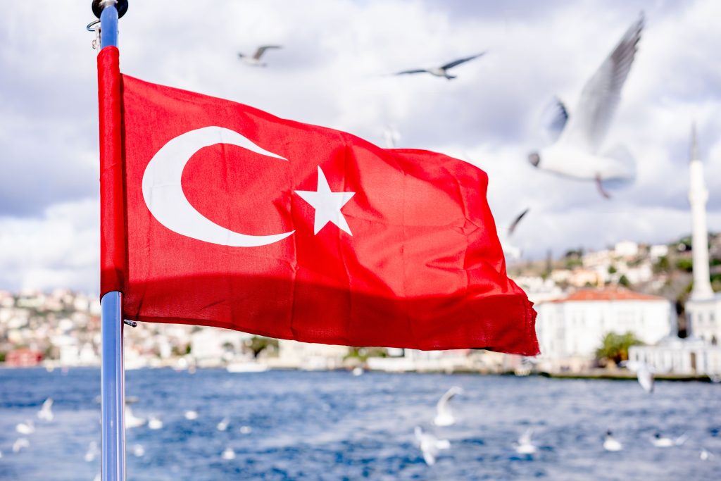 Turkish flag flutters with seagulls in the background over the Bosphorus in Istanbul.